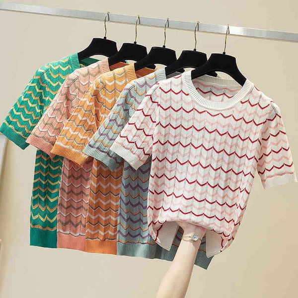 

women's t-shirt camisetas de mujer wavy striped t summer for women thin knitted short sleeve woman clothes hollow out tee p6, White