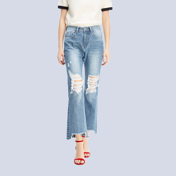

spring ripped denim wide-leg pants female high-waisted irregular casual jeans women women's, Blue