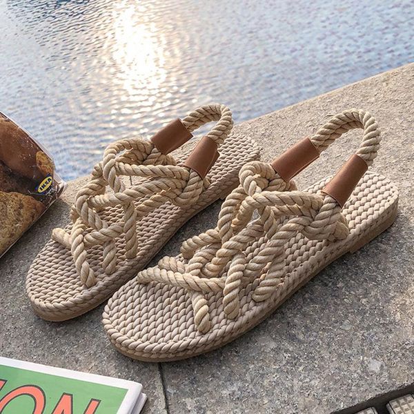 

sandals women summer shoes woman rubber rope breathable beach flat slip-on femme sandalias mujer, Black