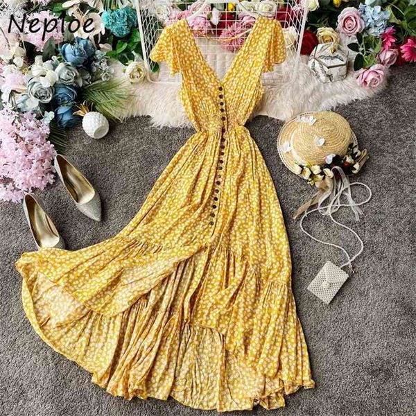 

neploe flower print dress women v neck short sleeve backless beach vestidos summer elegant slim waist maxi dresses 210422, Black;gray