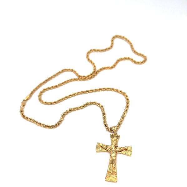 18k massives Feingold gefüllt Herren Damen Halskette 80cm Seilkette Charmanter Schmuck Jesus Kruzifix großes Kreuz Anhänger 50mm