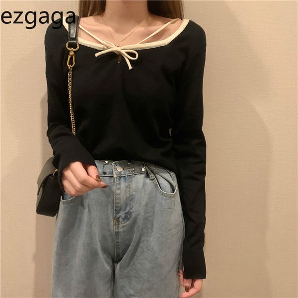 

ezgaga bowknot base sweater women autumn winter inside outwear long sleeve knit contrast thin solid sweet pullover jumper 210430, White;black