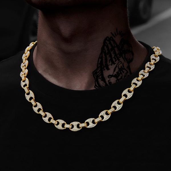 

pendant necklaces alloy rhinestone hip hop men necklace iced out cz coffee bean pig nose charm link punk choker chain jewelry for, Silver