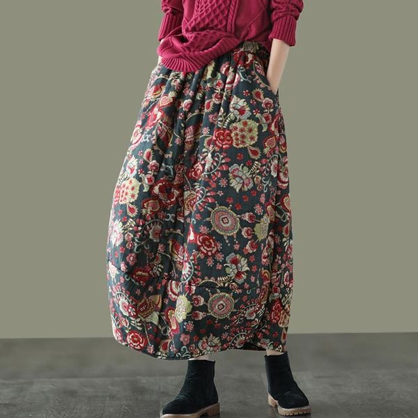 

johnature autumn winter warm women retro print elastic waist half skirts cotton linen chinese style national long skirt 210521, Black