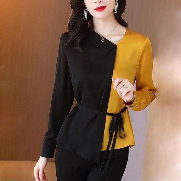 

women's blouses & shirts women pullover shirt offce ladies rayon contrast tee slim belt hit color feminine blusas loose cozy casual, White