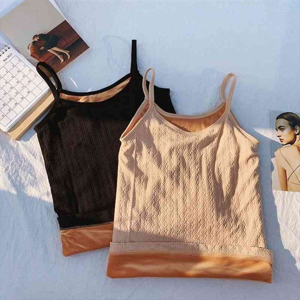 

womens winter warm thickened plush tank spaghetti straps v-neck slim bottoming vest solid color camisole shirt, White