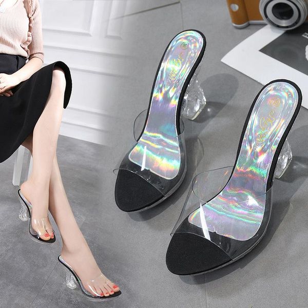 

woman transparent antiskid bottom platform hign heel wedge sandals pvc tapered waterproofing party wedding slippers, Black