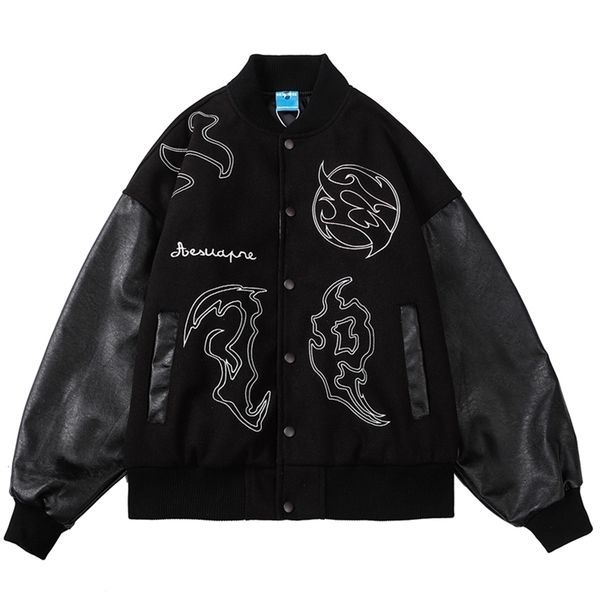 

hip hop baseball jacket coat men letter embroidery streetwear leather sleeve patchwork varsity college fashion vintage 211214, Black;brown