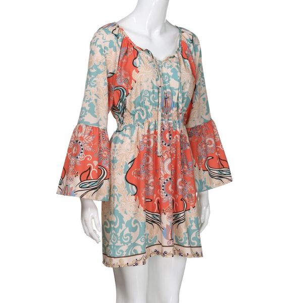 

summer autumn fashion women dress ladies casual bohemian neck tie vintage print ethnic style beach sundress vestido gift dresses, Black;gray