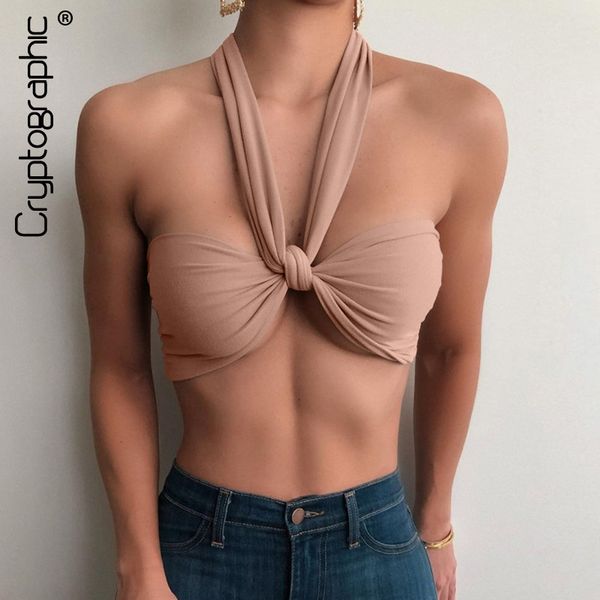 

sleeveless backless halter cross crop women summer chic fashion club party bandage tie cropped solidby air, Black;gray