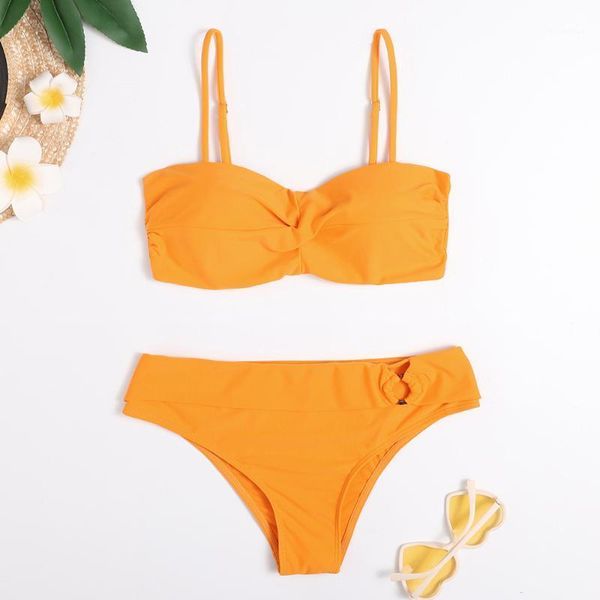 Sexy zweiteiliges Bikini-Set, Damen-Bademode, gedrehtes Bandeau-Oberteil, abnehmbarer Schultergurt, hoher Taillen-Bodysuit, Badeanzug, Strandmode, einteilig, S