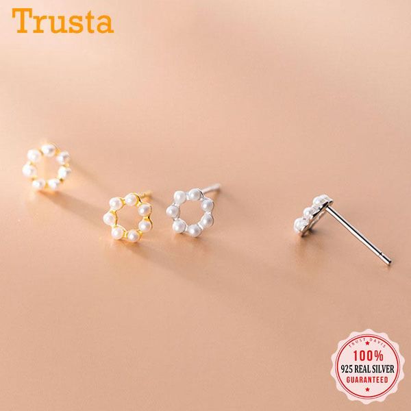 

stud trustdavis real 925 sterling silver fashion hollow flower synthetic pearl earrings for women wedding party jewelry db376, Golden;silver