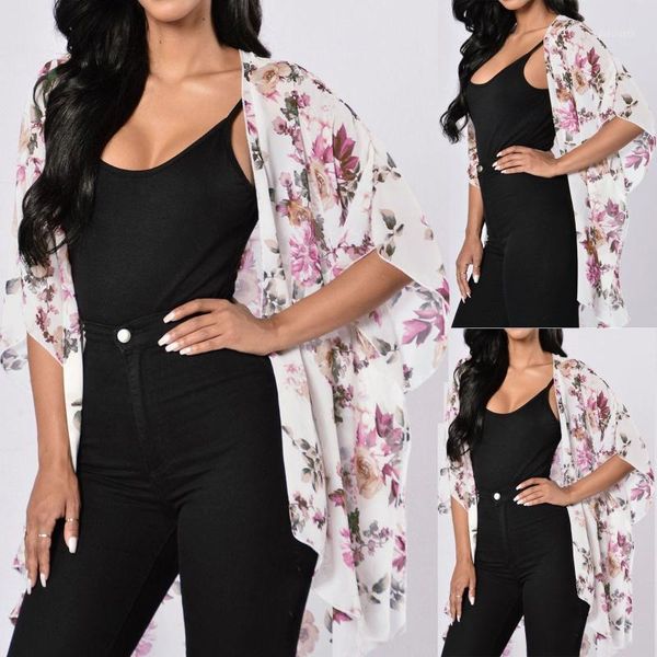 

women's t-shirt fashion chiffon cardigan floral print loose open front summer casual ladies female women short sleeve blusas, White