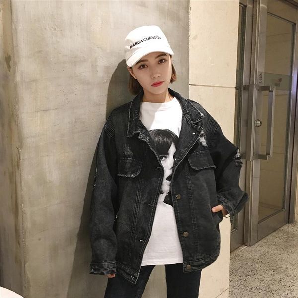 

women's jackets #3027 casual loose black denim jacket for women plus size xl long sleeve singlar breasted ladies streetwear pocket hole, Black;brown