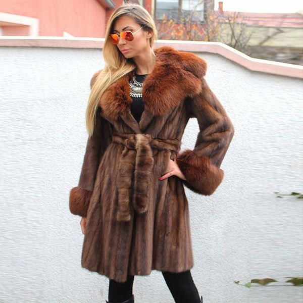 

women's fur & faux bffur import coffee natural mink coat with collar and sleeve cuffs full pelt genuine long, Black
