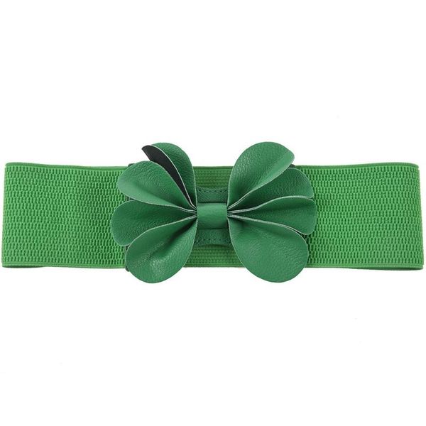 

green faux leather flower 7.5cm wide elastic cinch belt for woman belts, Black;brown