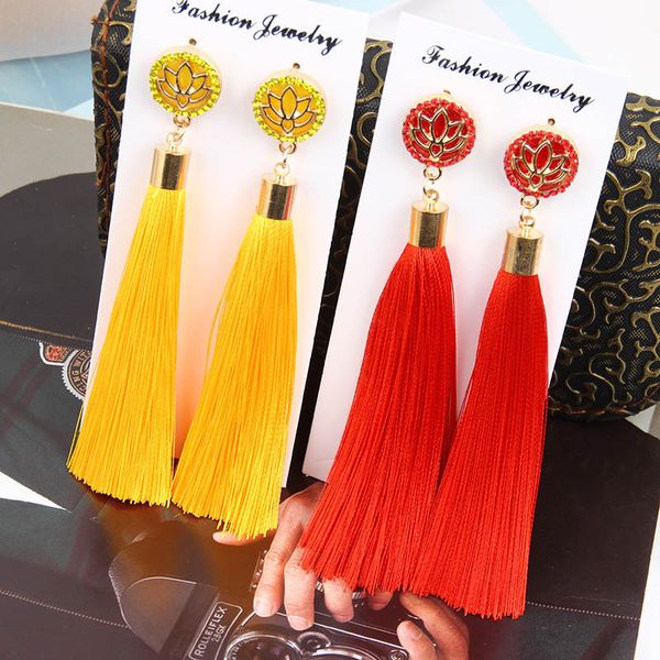 

fashion crystal lotus tassel dangle earrings for women ethnic long silk fabric flower statement drop earring 2019 boho jewelry in bulk, Silver