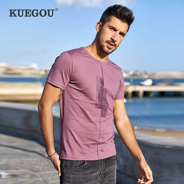 Kuegou Pamuk erkek T-shirt Yaz Tişörtleri Erkekler Nakış Moda Uzatma Kısa Kollu T Gömlek Üst Artı Boyutu LT-1776 210629