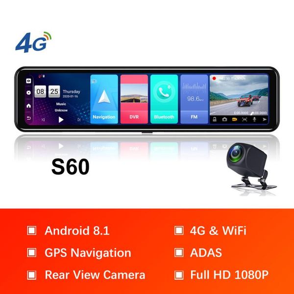 

car rear view cameras& parking sensors gps wifi adas 12 inch navigation stream media mirror dvr android 8.1 dash cam video recorder registra