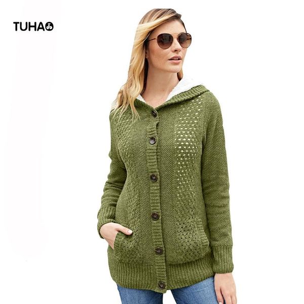 

women's sweaters tuhao winter open stitch fleece hooded jacket women single breasted long sleeve knitted cardigan outerwear t27885, White;black