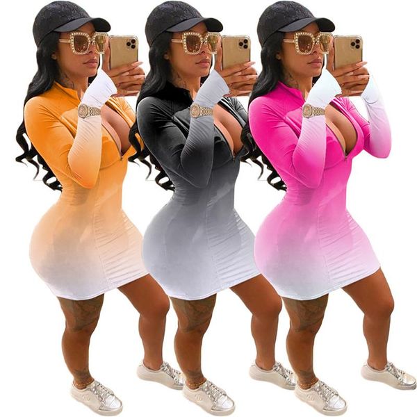 

autumn slim dress women gradient color zipper v-neck long sleeve bodycon dresses mini party vestidos casual, Black;gray