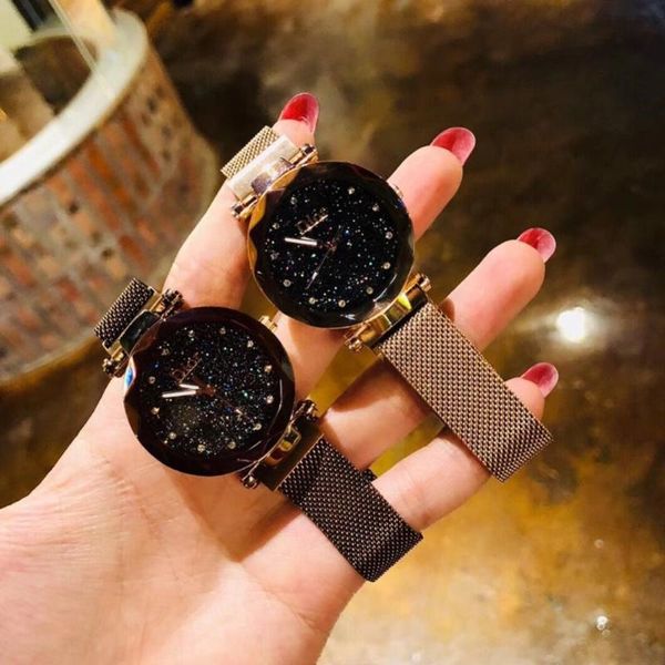 

brand watches mesh magnet buckle starry quartz watch geometric surface casual valentine's day gift for lover#292944 wristwatches, Slivery;brown