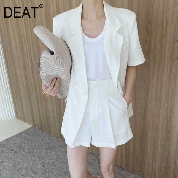 

[deat] summer fashion double breasted short sleeve blazer solid color shorts women two-piece suit 13q200 210527, White