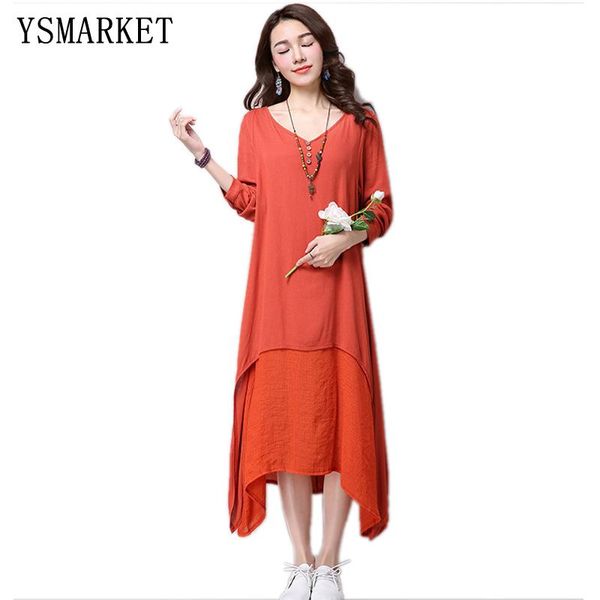 

casual dresses spring autumn women dress fashion printing long sleeve cotton linen fake two vestidos e9028, Black;gray
