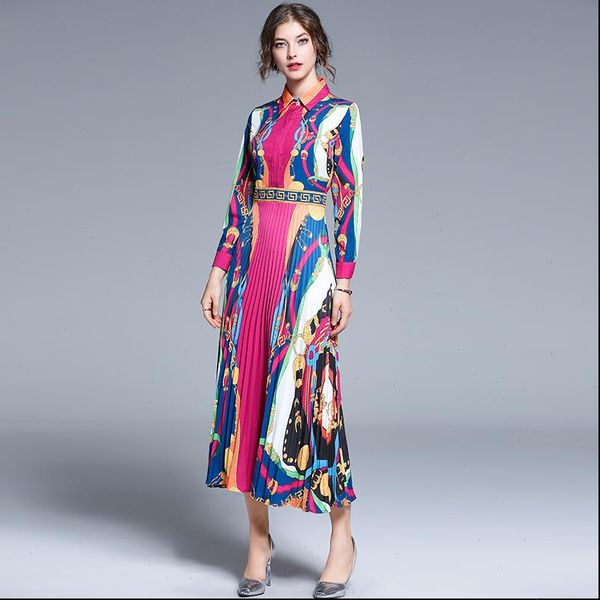 

early autumn european station catwalk womens dresses models contrast color printed long sleeved lapel pleated midi dress, Black;gray