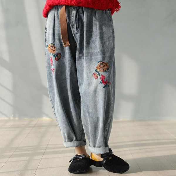 

fairy natural spring fall vintage flower embroidery denim harem pants blet 2021 elastic waist women comfortable loose long jeans women', Blue