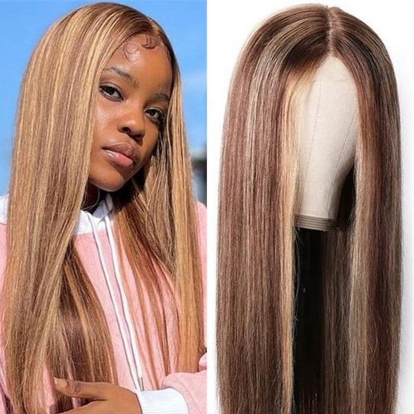 

highlight 13x1 t part lace front wigs p4 27 ombre remy brazilian straight human hair wigs for women, Black;brown