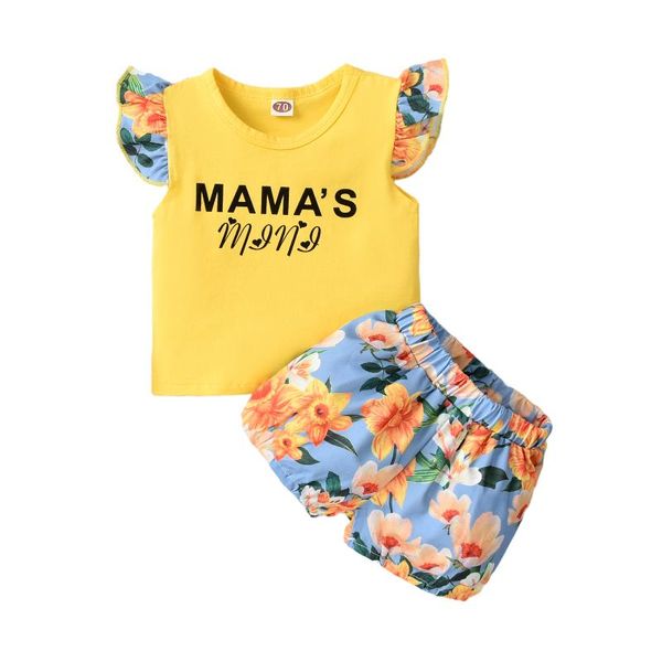 

1-5years baby girls clothes set sleeveless o-neck t-shirt with ruffles + floral print short pants for summer clothing sets, White
