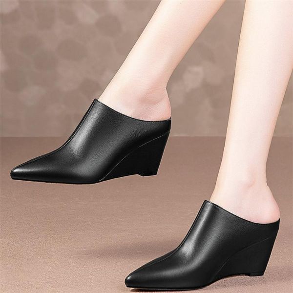 

slippers summer mules women cow leather wedges high heel outside female pointed toe gladiator sandals wedding pumps casual shoes, Black