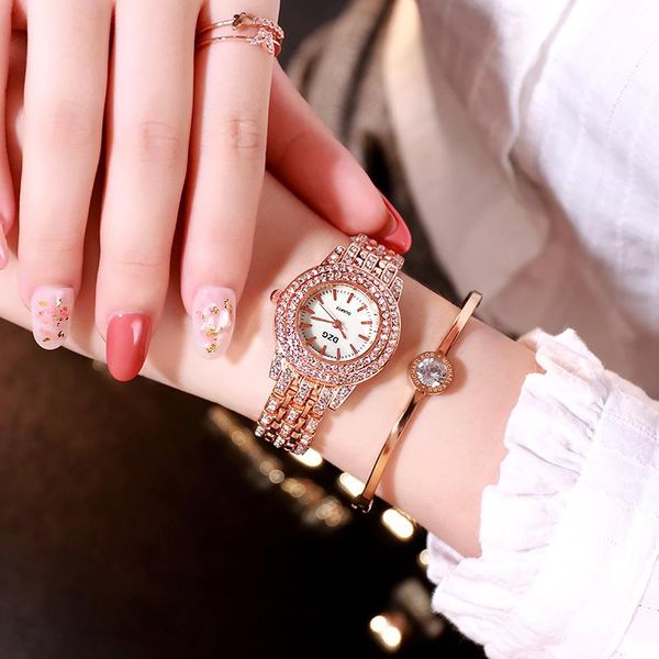

wristwatches exquisite gold tricolor quartz watch fashion casual set steel band rhinestone alloy ladies, Slivery;brown