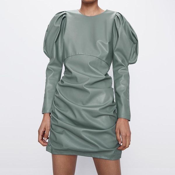 

casual dresses women bodycon leather long sleeve high waist tunic ruched autumn rtdr, Black;gray