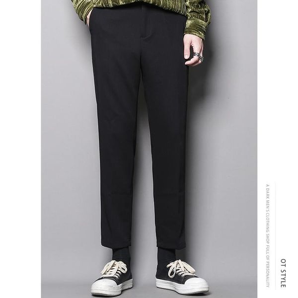 

men's pants autumn literature and art british style simple versatile small straight cone loose casual trousers elastic waist capri, Black