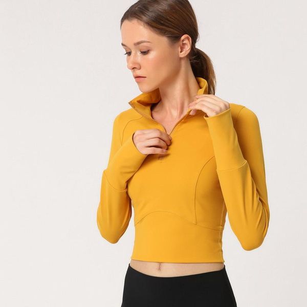 

yoga outfits sexesfit crop women long sleeve thumbholes slim shirt training fitness t-shirt half zip gym running t, White;red