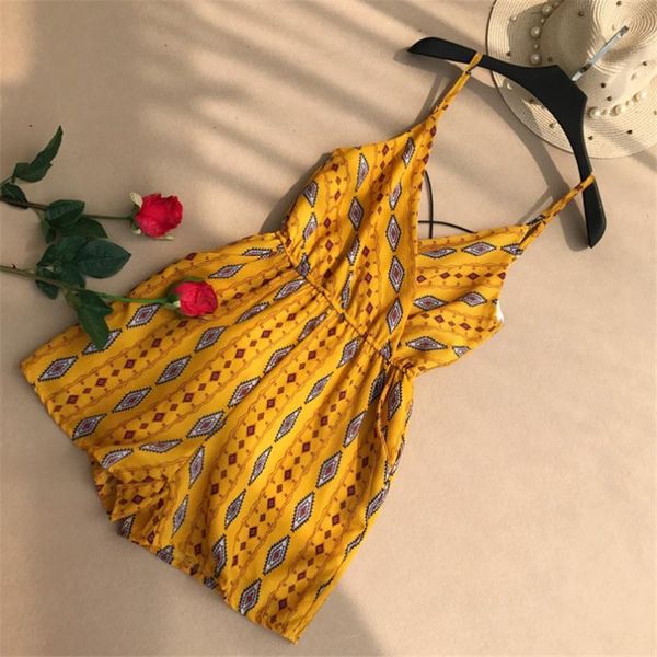 

boho v neck floral print jumpsuit casual spaghetti strap women playsuit summer backless beach overalls holiday romper women's jumpsuits, Black;white