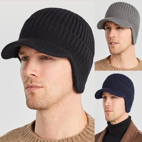 

winter hats men skullies beanie hat fishing warm baseball cap windproof ear protection balaclava gorras bonnet knitted cycling caps & masks, Black