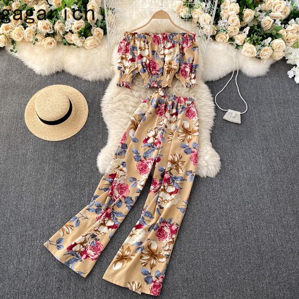 

women's tracksuits gagarich women set 2021 spring autumn french elegant retro female vacation style printed one-shoulder shirts high wa, Gray