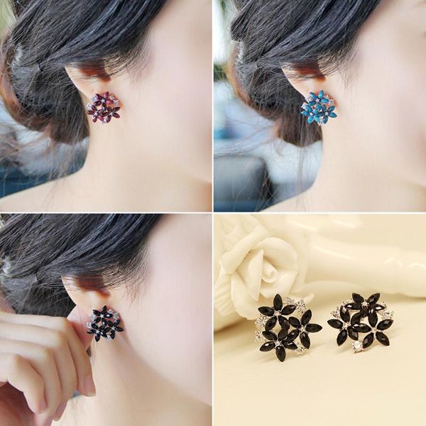 

1pair fashion women crystal stud earrings 3 flowers brincos pendientes, Golden;silver