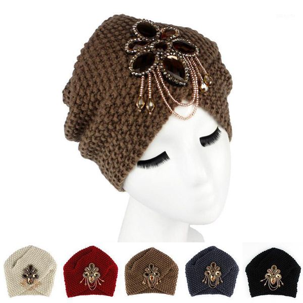 

fashion ladies metal jewel accessory winter warm floral turban soft knit headband beanie crochet headwrap women cap hair accessories1