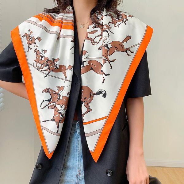 

scarves 90*90cm 2021 spring horse print silk scarf women large square female elegant twill fashion decorative shawl hairband, Blue;gray