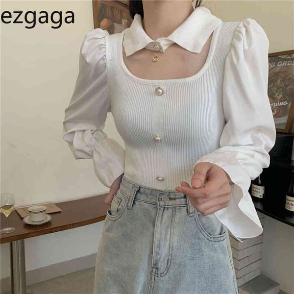 

ezgaga hollow out blouse women patchwork knit thin slim spring outwear long sleeve shirts elegant korean fashion 210430, White