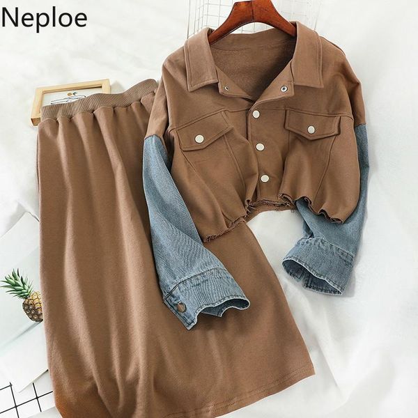 

two piece dress neploe ins 2 pcs women set loose patchwork denim long sleeve jacket + high waist hip a line skirt casual chandal mujer 47580, White