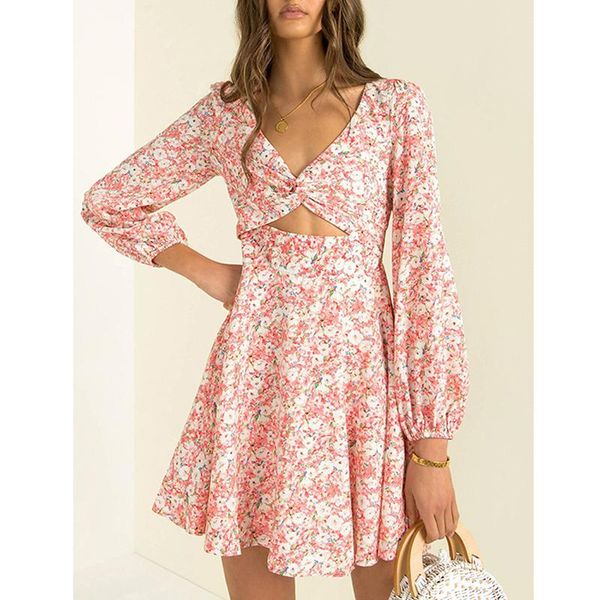 

casual dresses autumn dress woman floral cross long sleeve for women 2021 mini ruffles v neck female robe femme, Black;gray