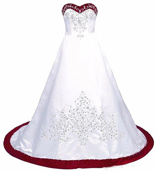 Abito da sposa ricamato bianco e rosso A-Line 2022 Corte dei treni Sweetheart senza spalline Abiti da sposa lunghi in raso Indietro Lace-Up Abiti da sposa taglie forti Vestidos