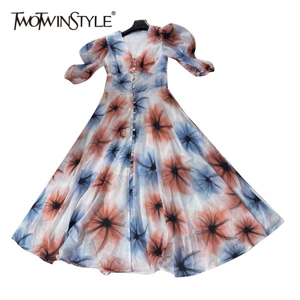 

vintage print dress for women v neck puff short sleeve high waist hit color maxi dresses female summer fashion 210520, Black;gray