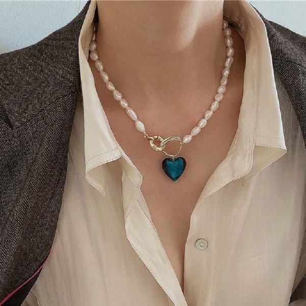 

pendant necklaces retro baroque irregular natural pearl for women blue green color glass heart chokers necklace wedding jewelry, Silver