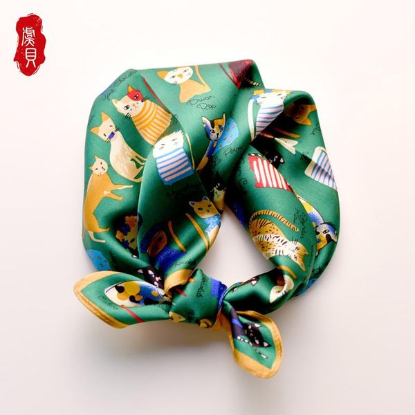 

scarves dark green natural silk scarf cute cartoon cat dog painting real wrap 50x50cm square lovely gift for chidlren, Blue;gray